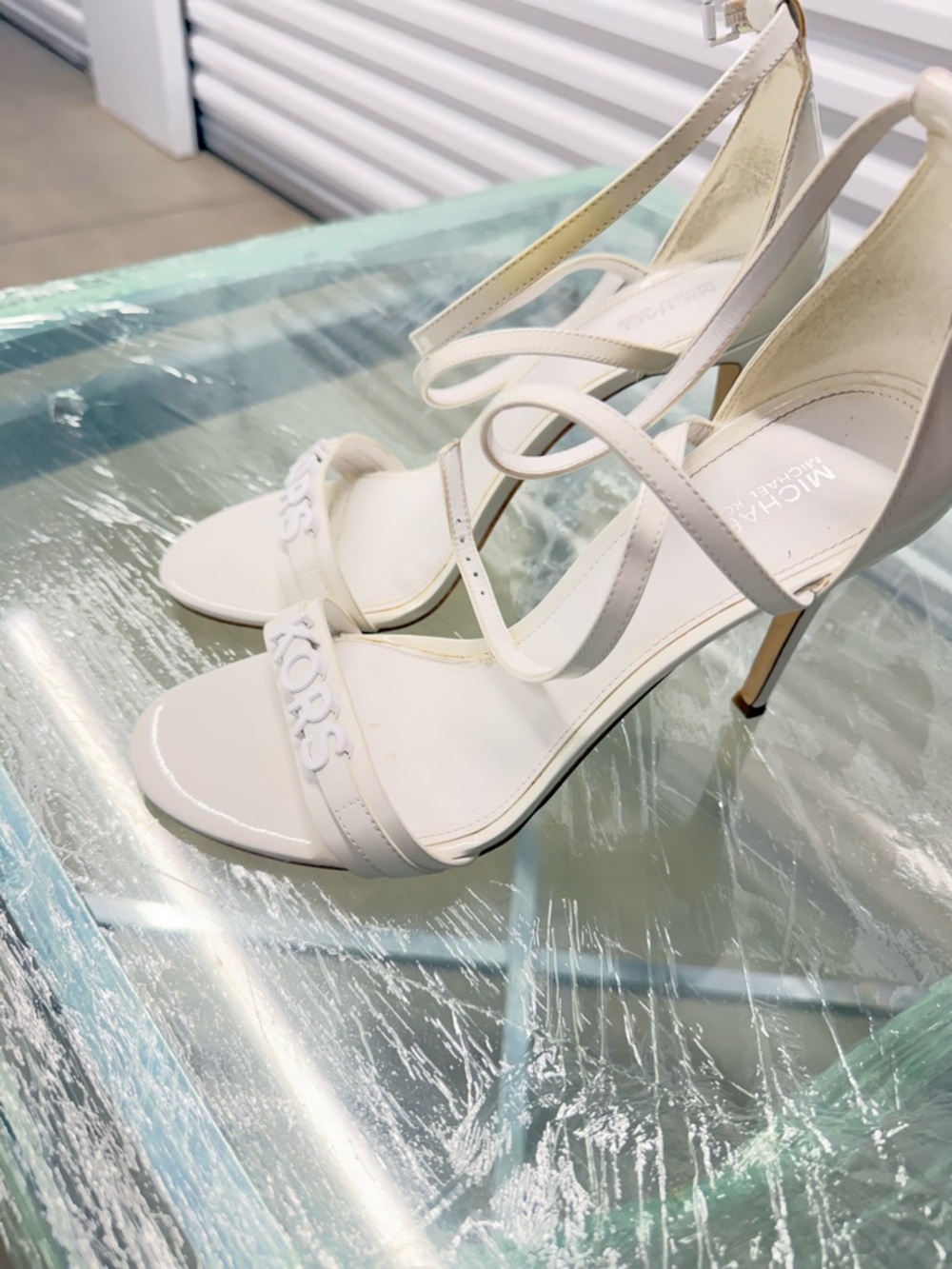 Michael Kors Cream Strappy Stiletto Sandals with KORS Logo - Picture 2 of 3
